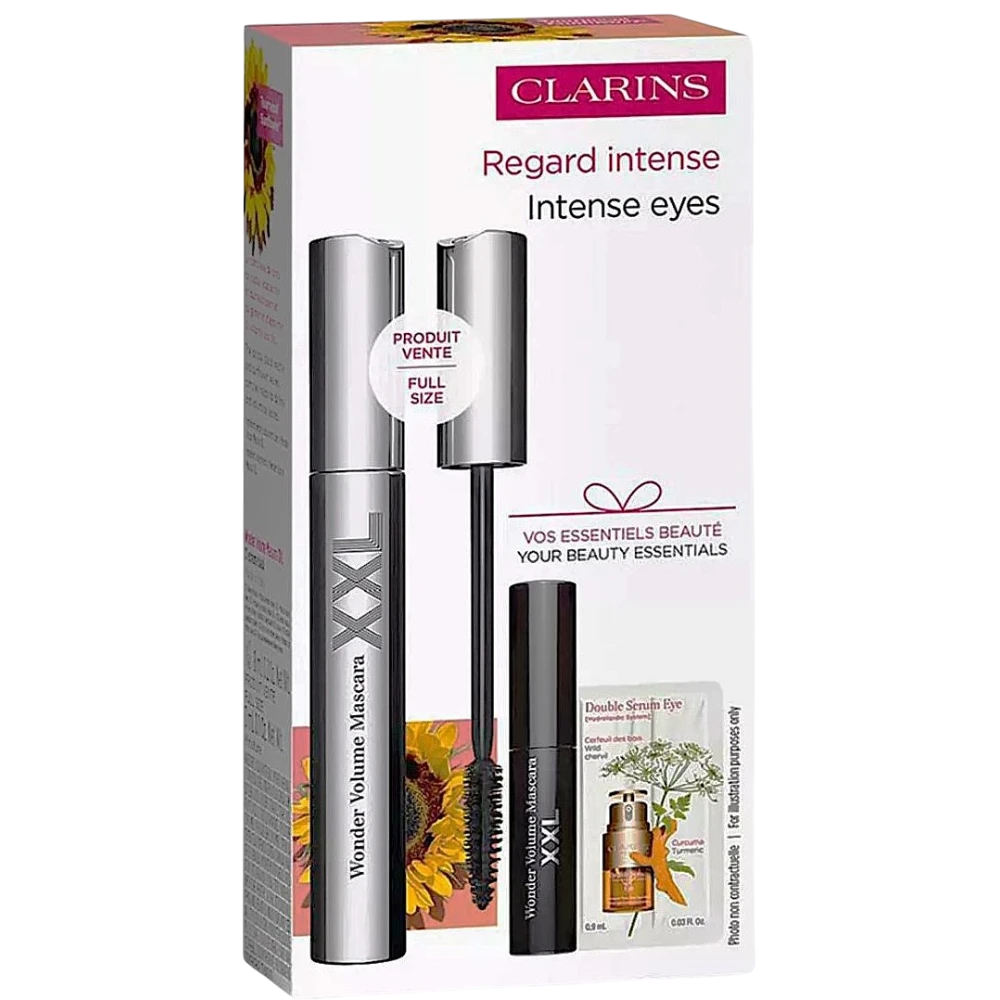 Set Clarins: Wonder Volume, Volumising, Mascara, Black, 8 ml + Wonder Volume, Volumising, Mascara, Black, 3 ml *Miniature + Double, Anti-Ageing, Serum, For Face, 0.9 ml *Sample