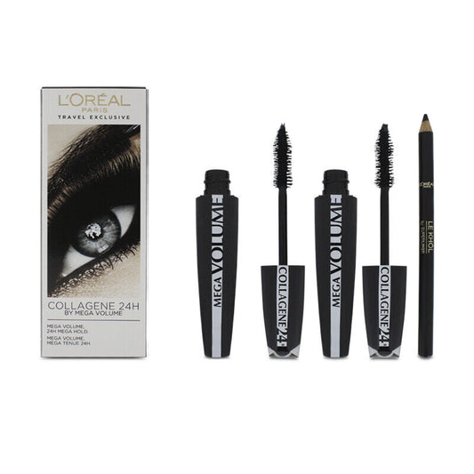 Set L'Oreal Paris: Mega Volume Collagene 24h Extra, Mascara, Black, 2 pcs, 9 ml + Contour Khol, Kohl Eyeliner, Black, 1.2 g