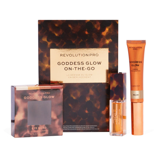 Goddess Glow On-The-Go Set Makeup Revolution: Reloaded, Illuminating, Highlighter Cream, Glow, 10 ml + Pro Goddess Glow, Eyeshadow Palette, Bronze Heat, 4 Shades, 1.5 g + Makeup Revolution, Lip Oil, 2.5 ml